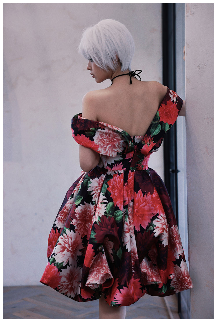 DOLLY Elegant Off Shoulder Flower Print fold bubble Dress-CINDY