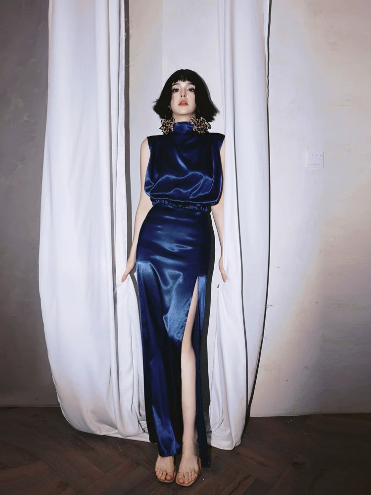 DOLLY Luxury Navy Blue Mock Neck Sleeveless Satin Long Slit Cocktail Dress-PRIYA
