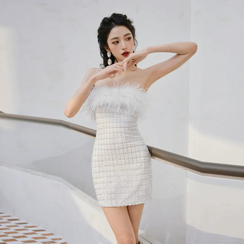 DOLLY Elegant White Feather Strapless Bandeau Birthday Dress- Julia L / White DOLLY Elegant White Feather Strapless Bandeau Birthday Dress- Julia L / White