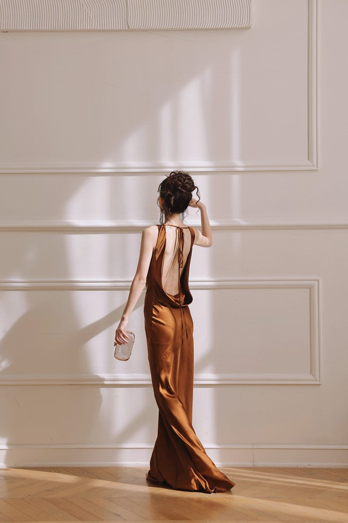 DOLLY Elegant Brown Retro Sleeveless Halter Neck Long Cocktail Dress-GIDDY