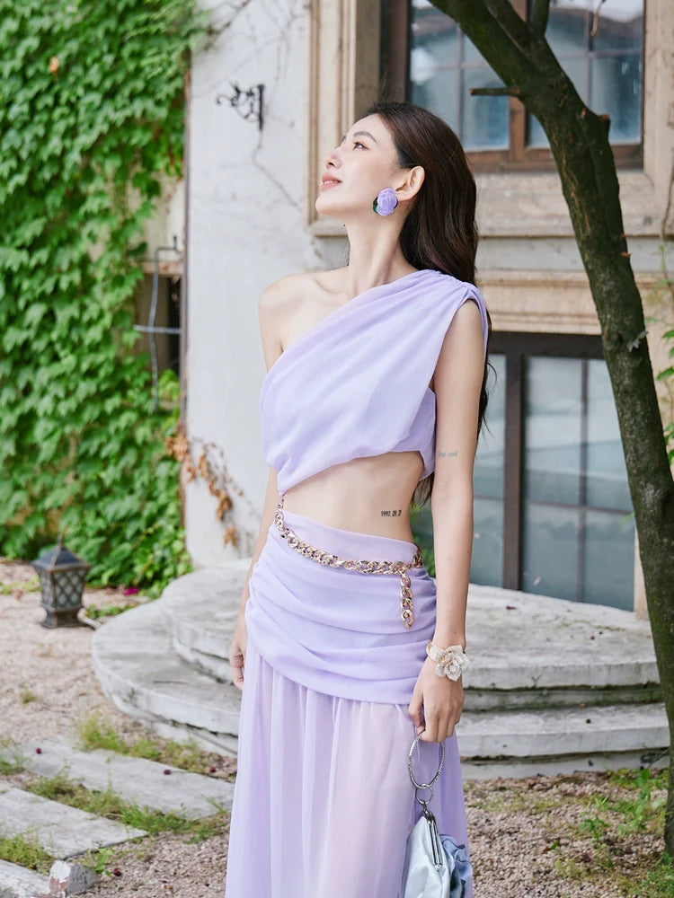 purple resort dress Aconiconi Elegant Purple Flower Print V-Neck Sleeveless Resort Dress- Purple Hibiscus vine XL / Purple
