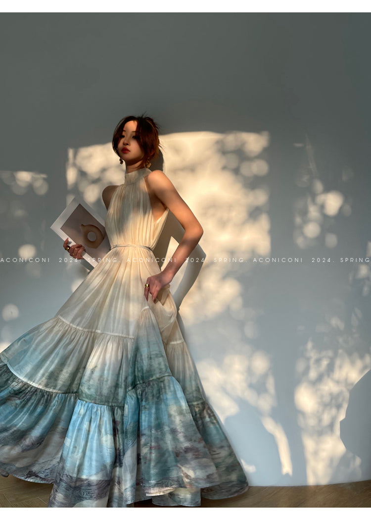 Aconiconi| Louvre Picture Reflection printed halter neck maxi skirt vacation dress - Miinia