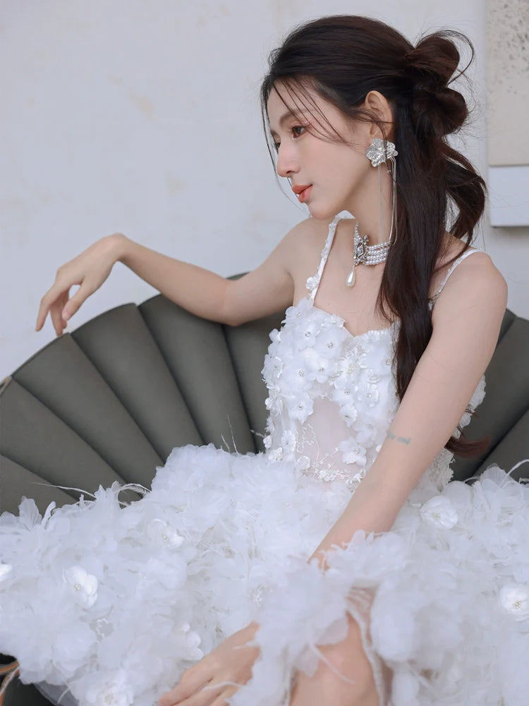 DOLLY Elegant White Embroidery Sleeveless short full Wedding Dress-Benny