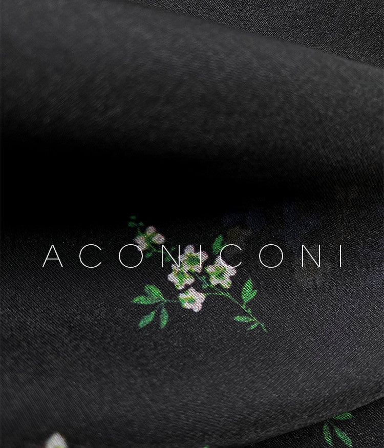 Aconiconi Luxury Black Retro Floral Print V-Neck Slim Waist Midi Cocktail Dress- Dark Fragrance