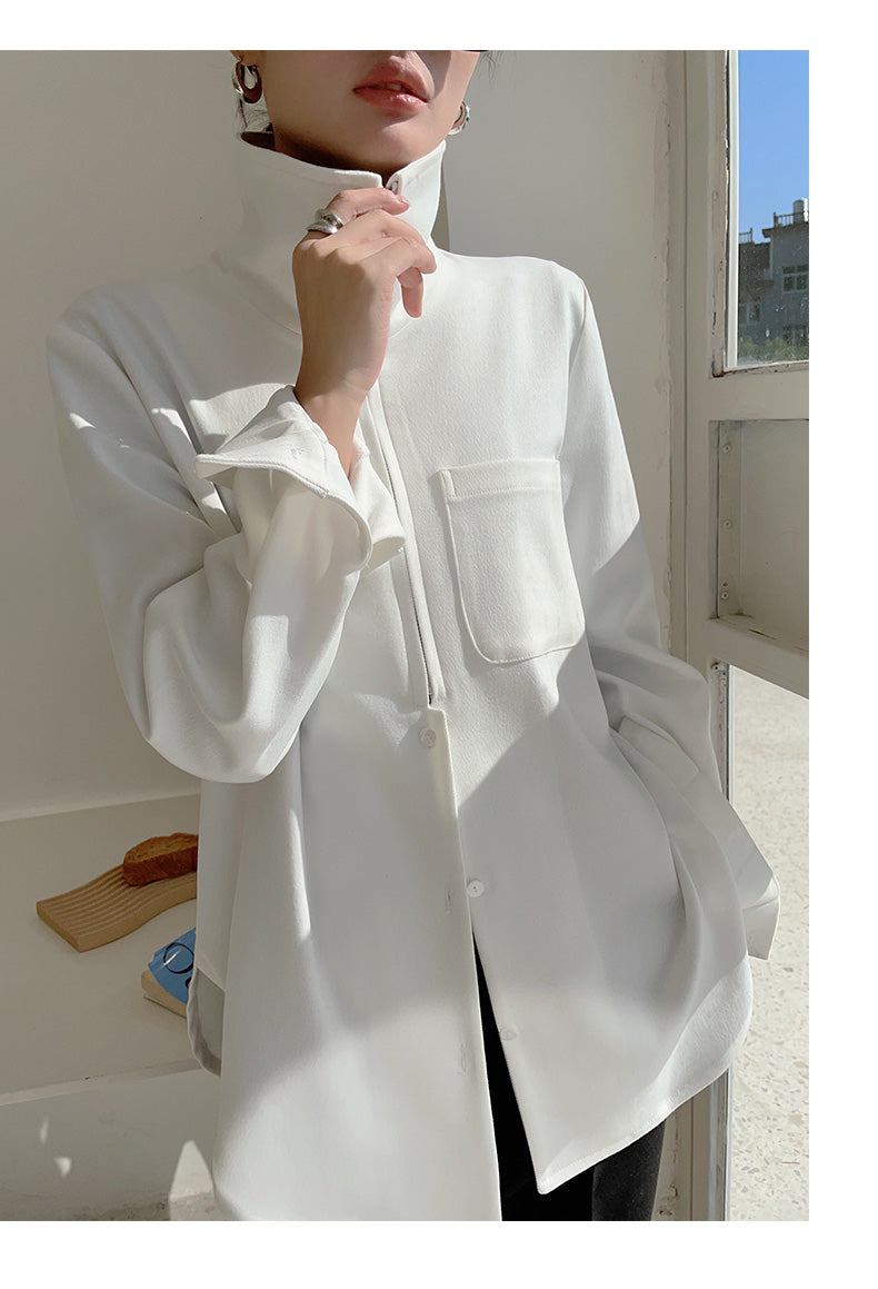 Half zipper white shirt women's autumn shirt- Tiloba
