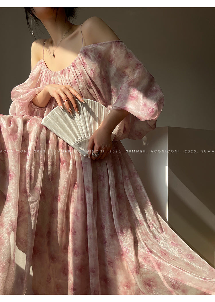 Aconiconi| Slip Off-the-Shoulder Top Skirt - Flower fairy