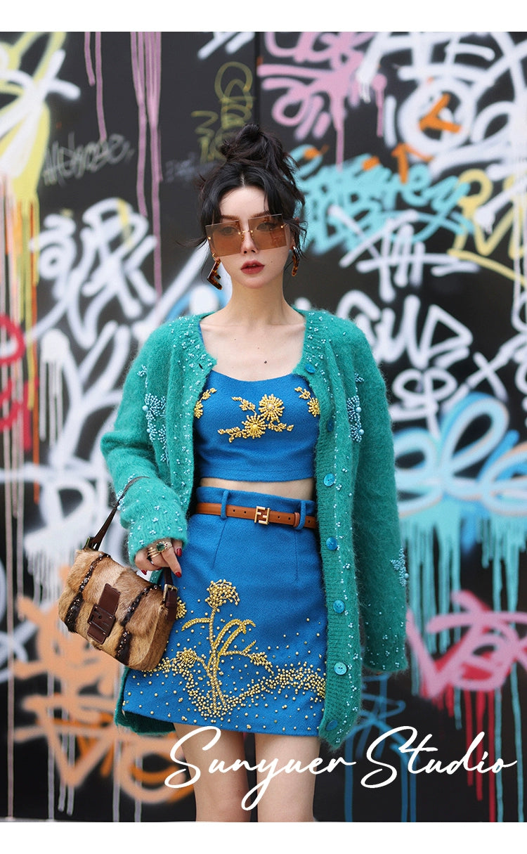 Blue autumn fall winter Wool hand-beaded yellow crystal stones top + skirt two-piece set