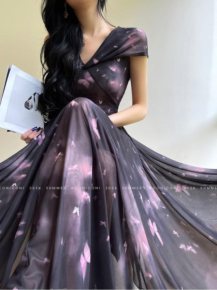 Aconiconi Elegant ButterFly Print Short Sleeve Long Swing Dress- Butterfly Phantom