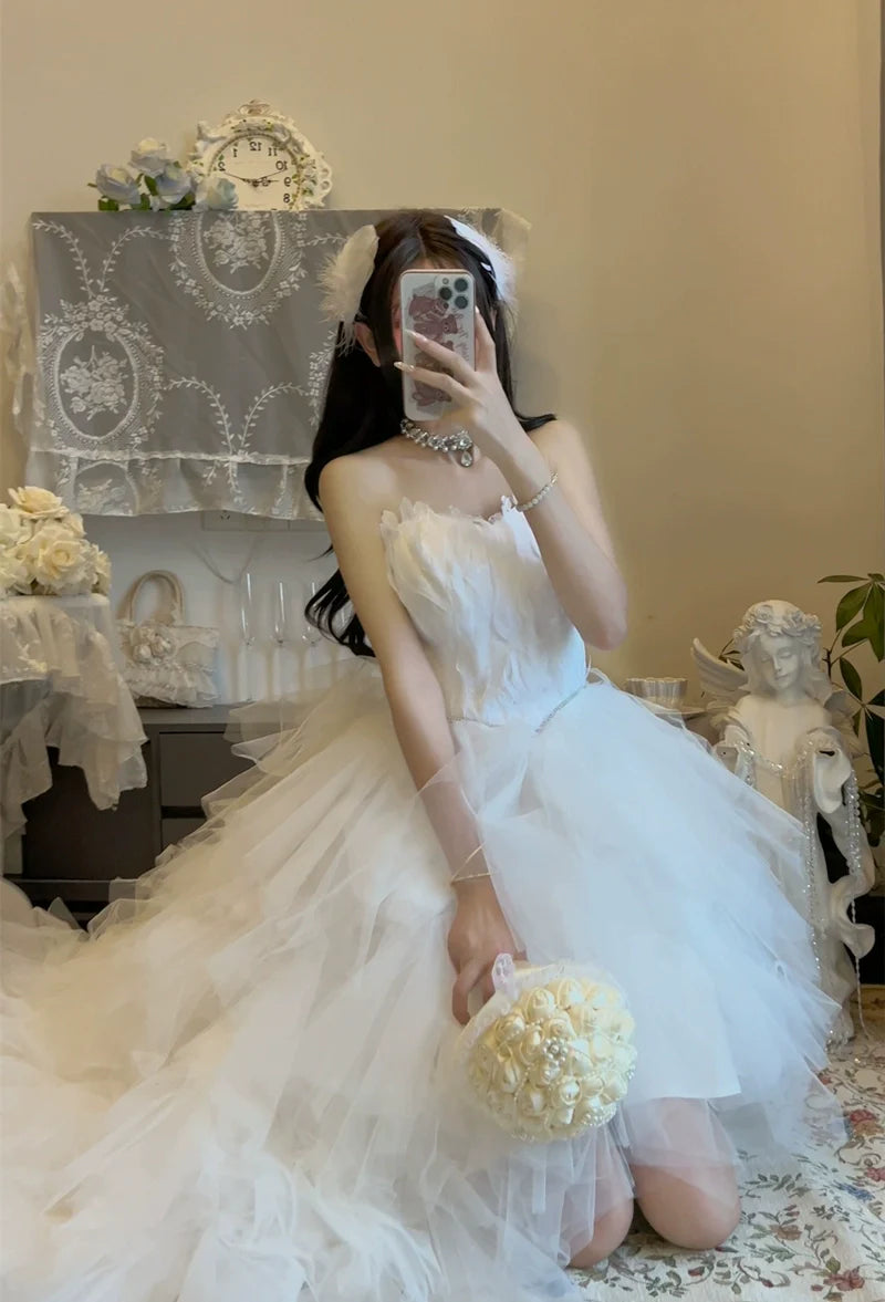 DOLLY Luxury White Feather Tube Top Sleeveless Trail Wedding Dress-ATHINA