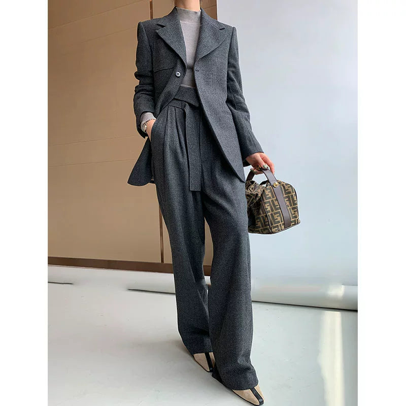 Tweed Herringbone blazer women's loose British wide-leg pants and suit jacket - Koil