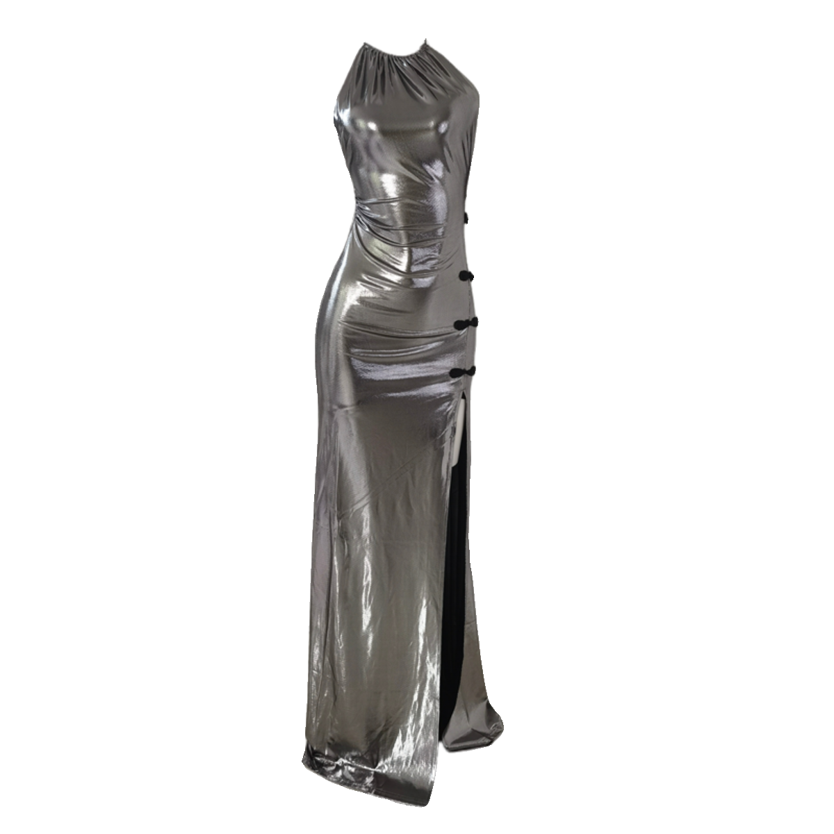 DOLLY Elegant Liquid Sliver Chinese Style Halter Neck Body Hug Long Cocktail Dress-MARBLE (V)