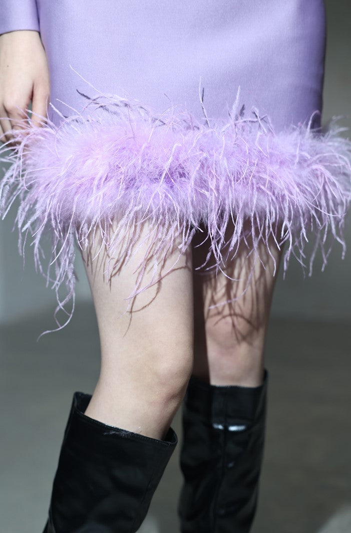 DOLLY Elegant Purple Fluffy Feather Long-Sleeve Dinner Dress-LEEN