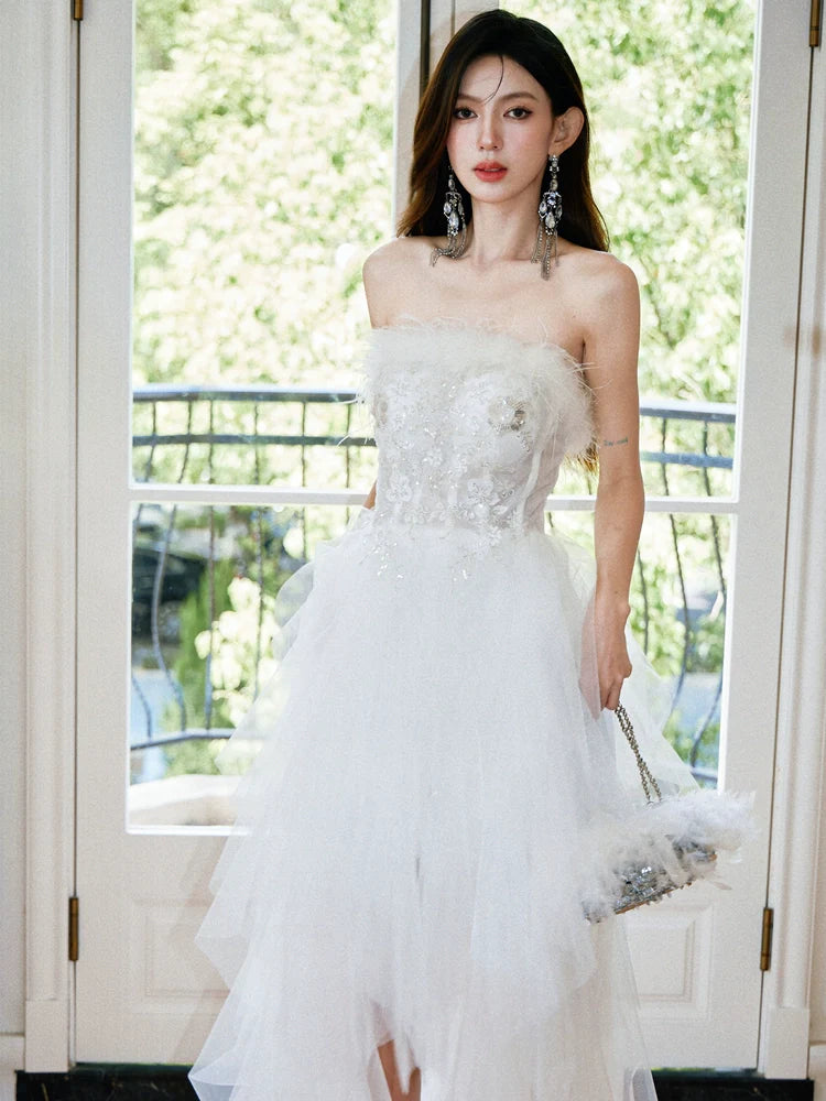 DOLLY Elegant White French Style Feather Chest Wrap Wedding Dress-MARIA (V)
