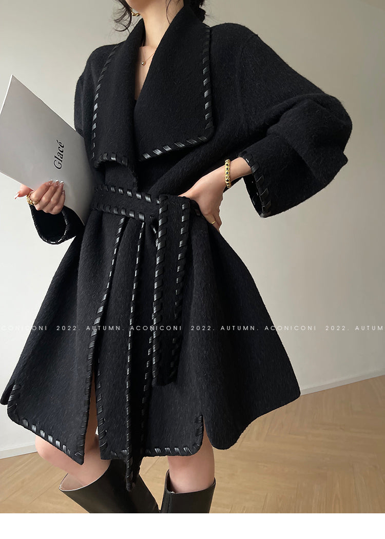 Aconiconi| Full wool coat classic double-sided wool woven belt coat -Nocturne