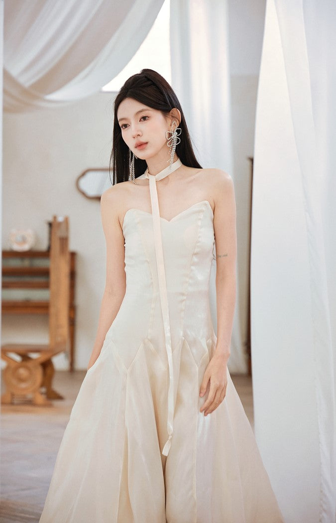 DOLLY High End Cream Sleeveless satin slip flow Wedding Dress-SONNI