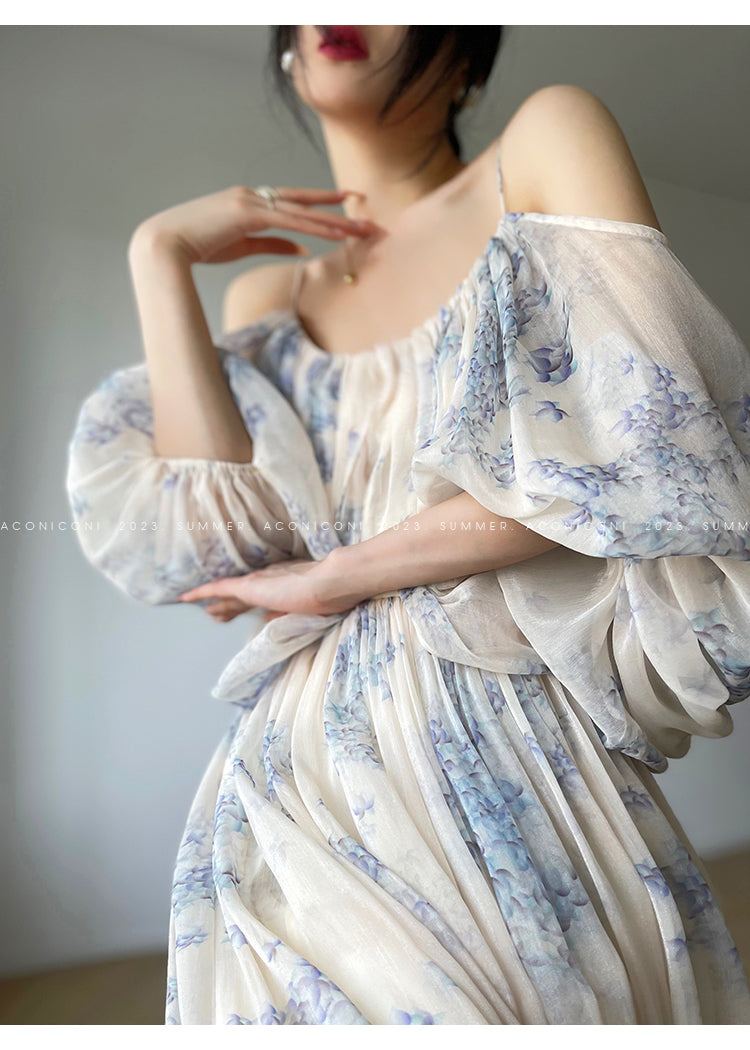 Aconiconi| Slip Off-the-Shoulder Top Skirt - Flower fairy