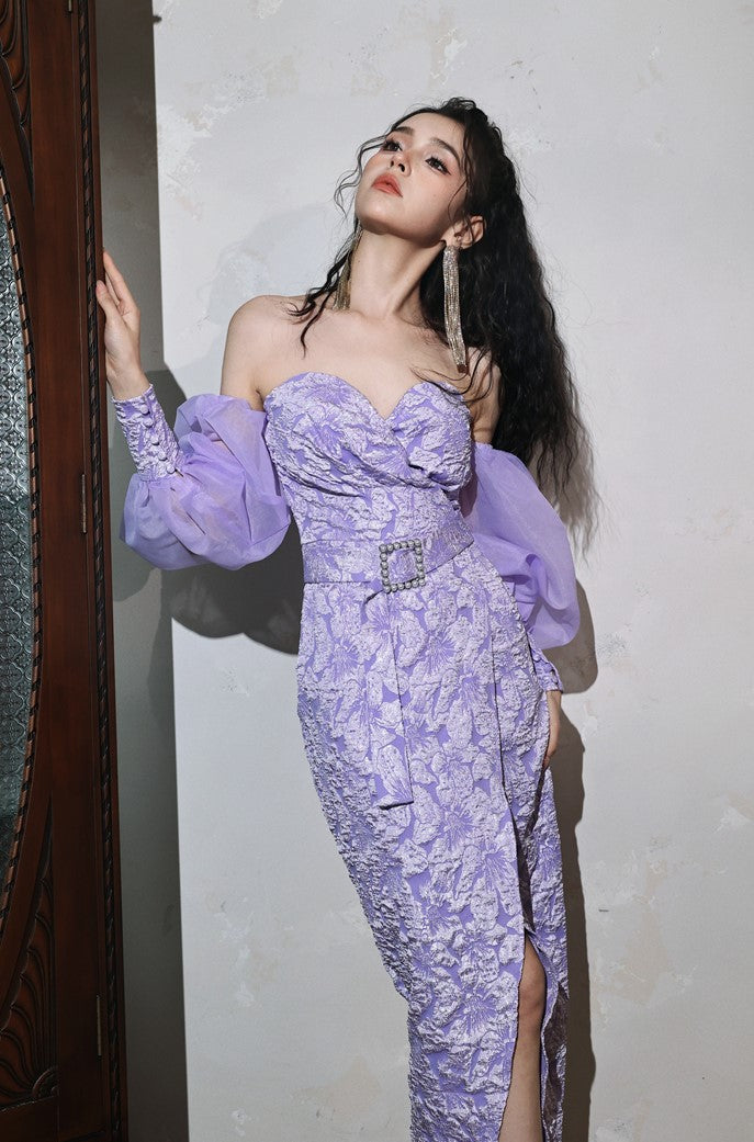 DOLLY Elegant Purple Puff Long Sleeve Off Shoulder Dinner Dress-GRISLLE