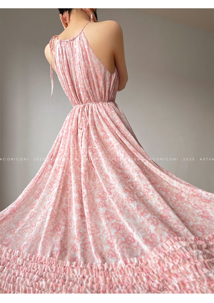 Aconiconi| halter-neck summer broken flowers vacation holiday style fairy dress - cherry blossom