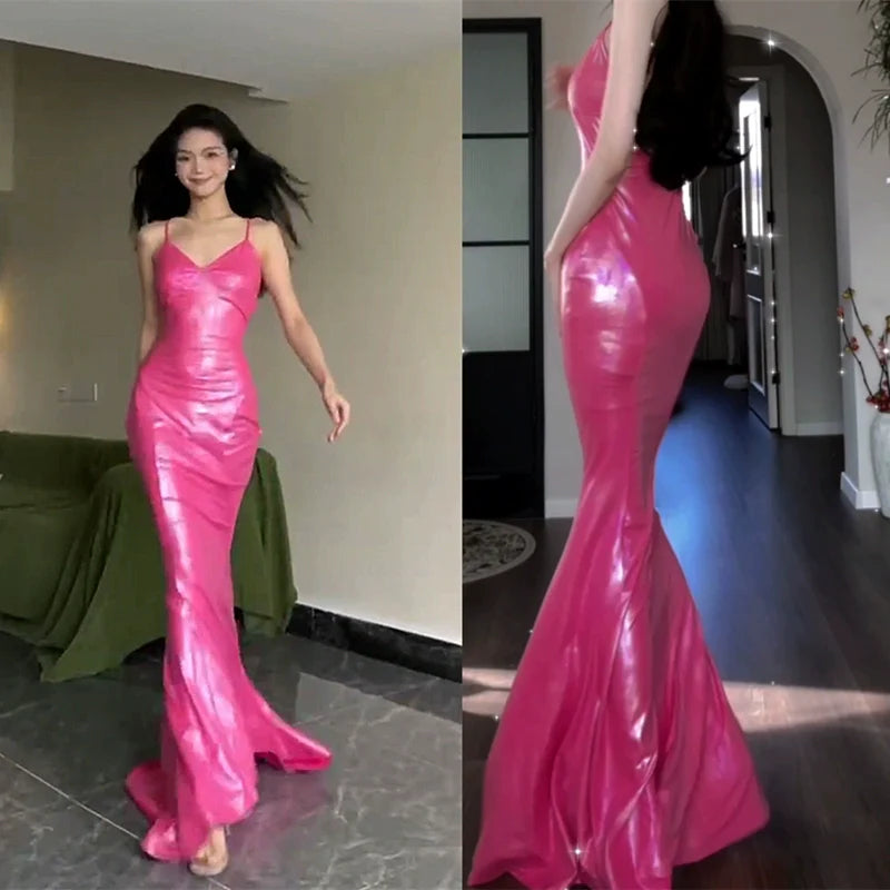 DOLLY Luxury Electric Pink Sleeveless Backless Body Hug Long Birthday Dress-SELA