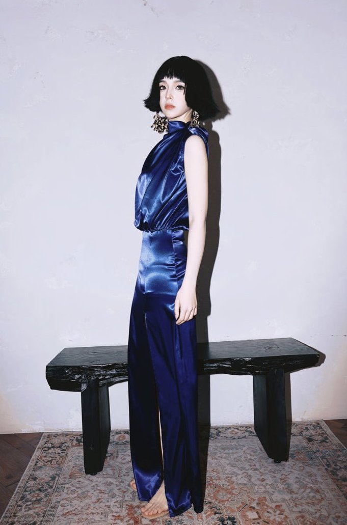 DOLLY Luxury Navy Blue Mock Neck Sleeveless Satin Long Slit Cocktail Dress-PRIYA