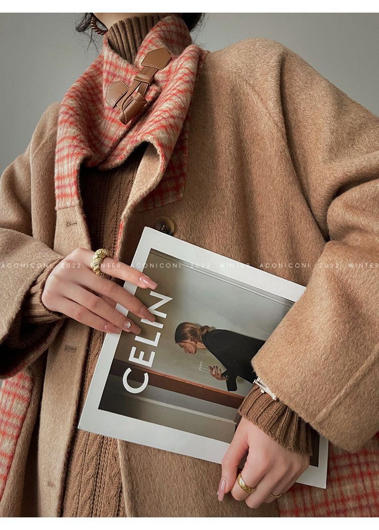 Aconiconi| All-Wool Double-Sided Plaid Checkered Long Coat Winter- Cardamom