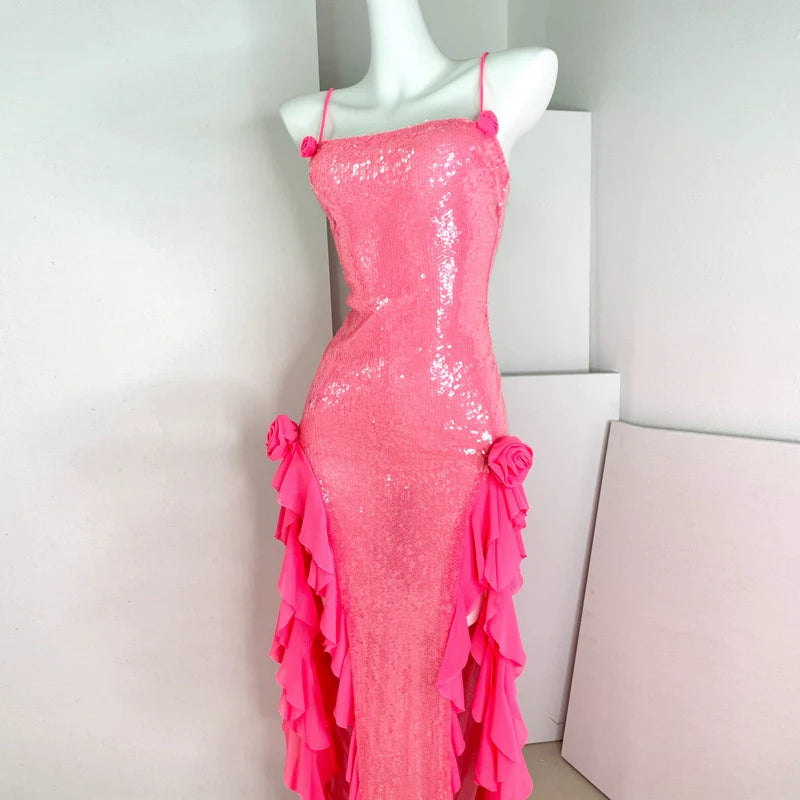 DOLLY Luxury Blue/Pink Sleeveless Sequin Suspender Celebrity Style Dress-FANI