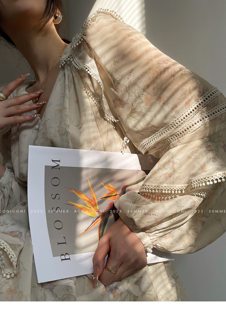 Aconiconi Elegant V-Neck Palace Sleeve Short layered  Dress-Lanshan Qimeng