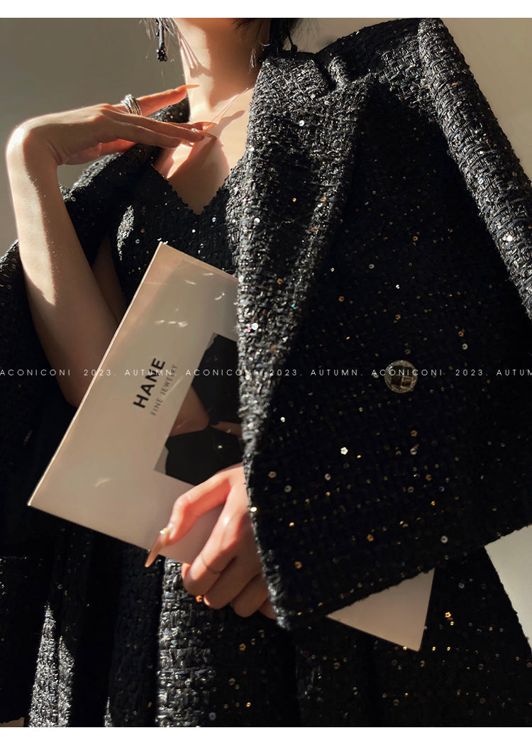 Aconiconi Tweed Sequins Fragrance Dress Skirt Loose Blazer Skirt