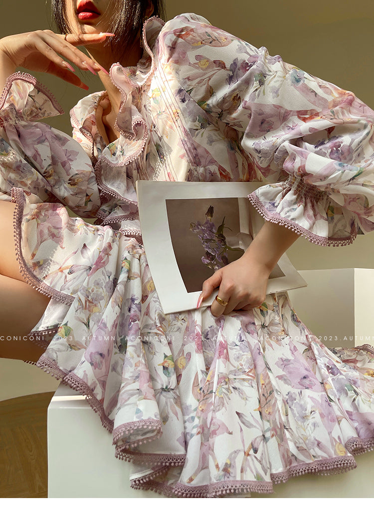 Aconiconi| High end designer printed top shirt + A-line skirt suit - Hyacinth