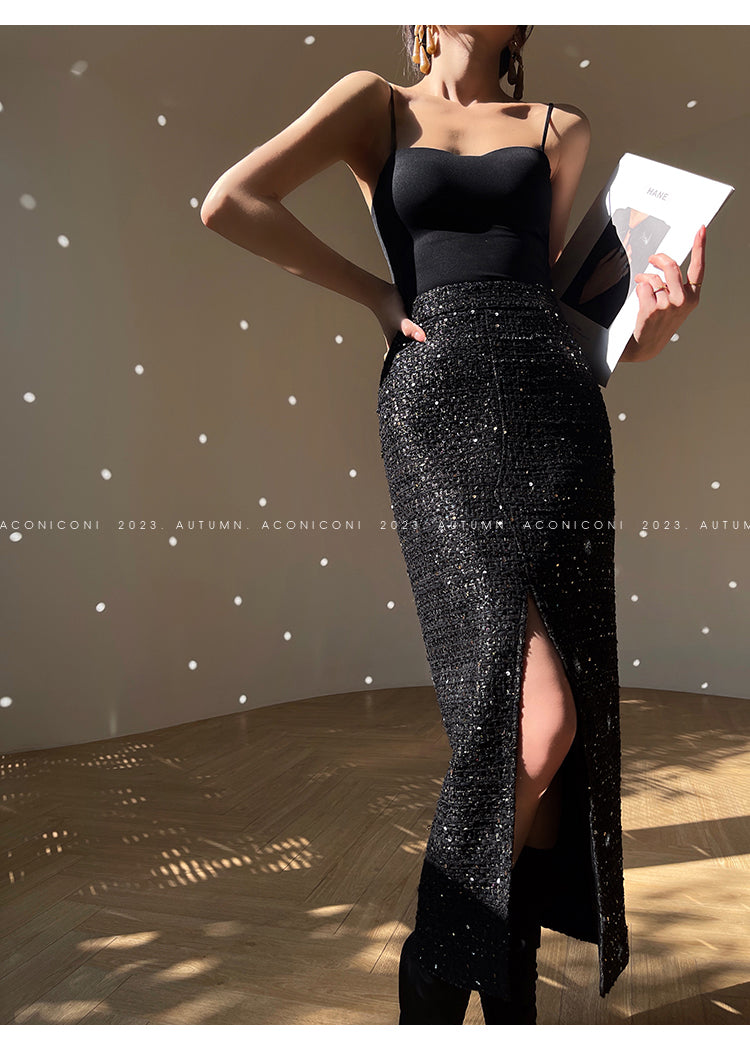 Aconiconi Tweed Sequins Fragrance Dress Skirt Loose Blazer Skirt