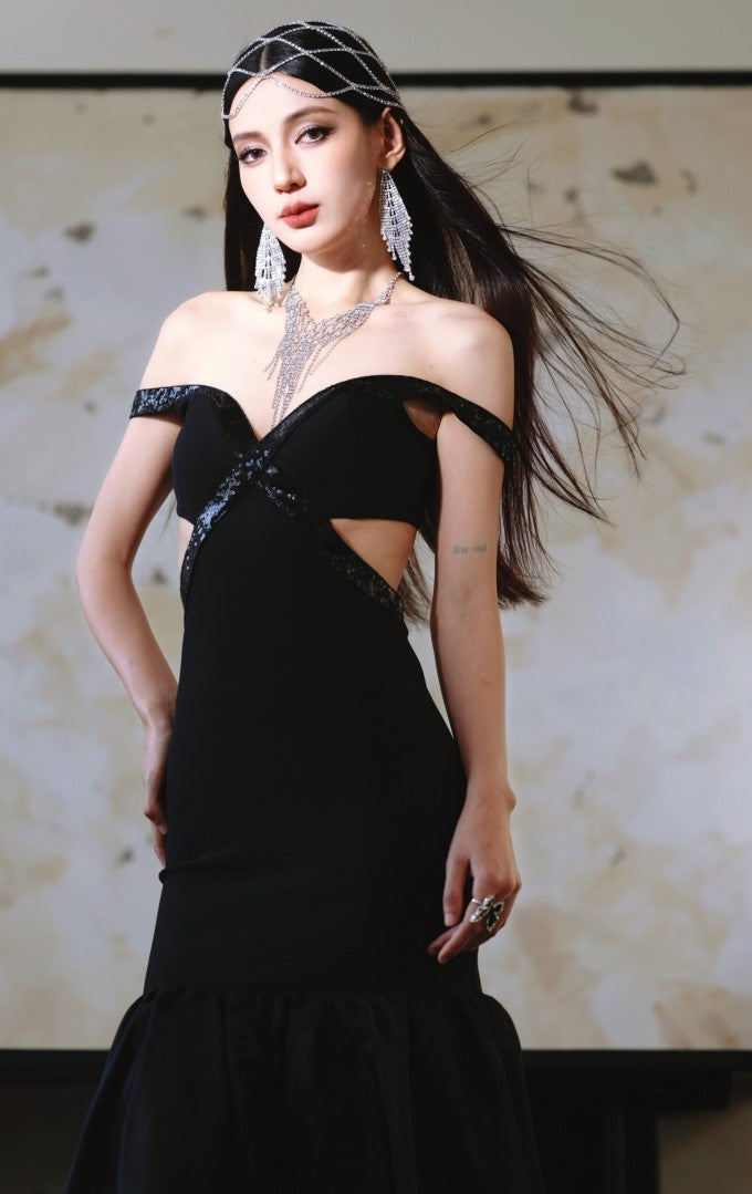 DOLLY High End Black Off Shoulder Sequin Tube Top Long Banquet Dress-Maris