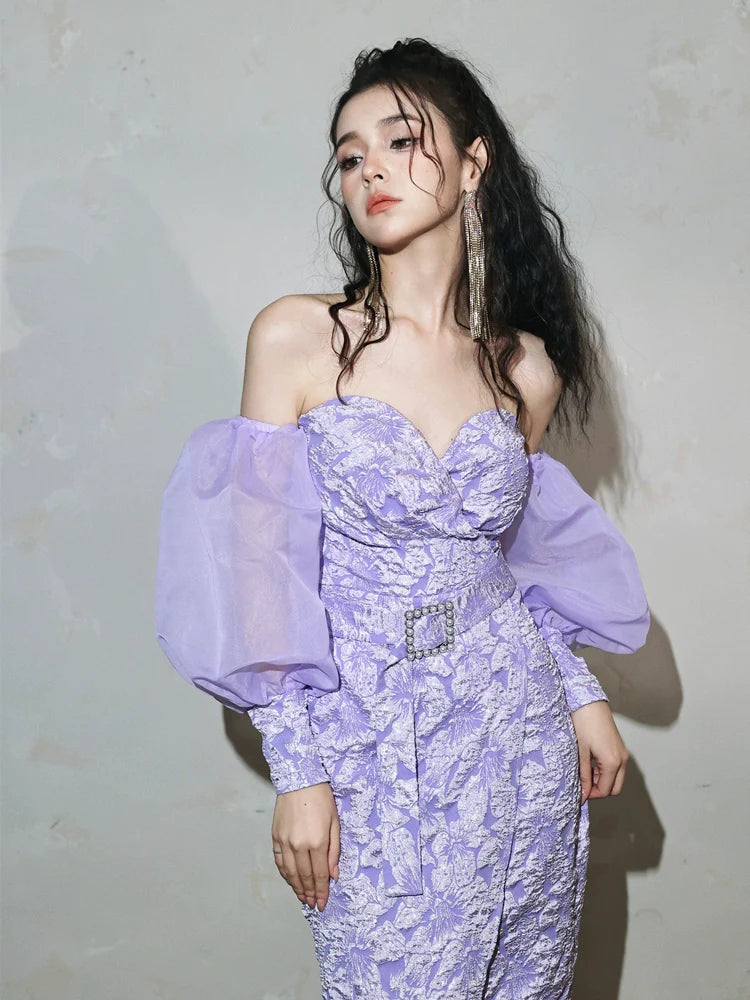 DOLLY Elegant Purple Puff Long Sleeve Off Shoulder Dinner Dress-GRISLLE