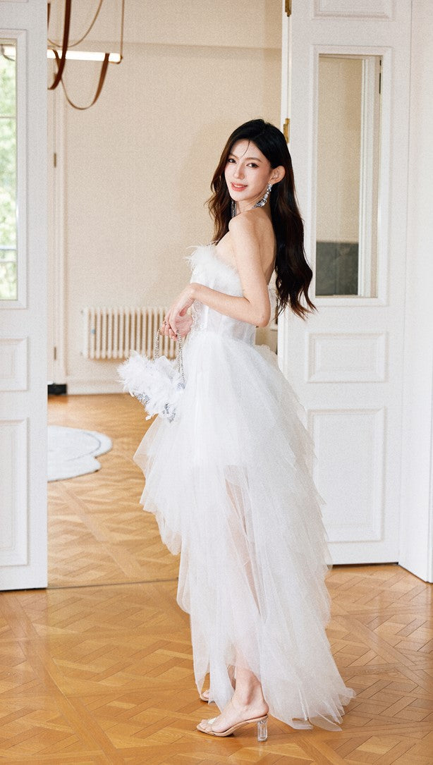 DOLLY Elegant White French Style Feather Chest Wrap Wedding Dress-MARIA (V)