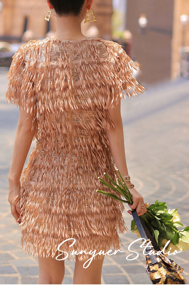 Quality Haute couture hand-cut tassel beaded pieces embroidered cocktail dress
