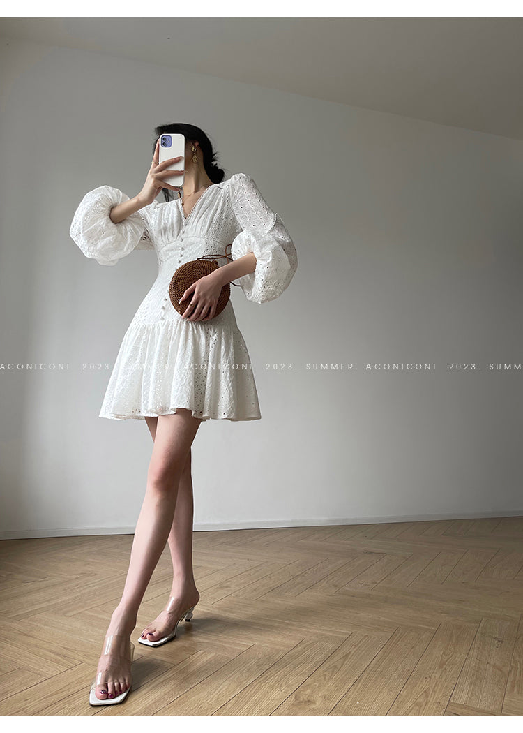 Aconiconi| French coffee break lace cotton white dress - Smoke
