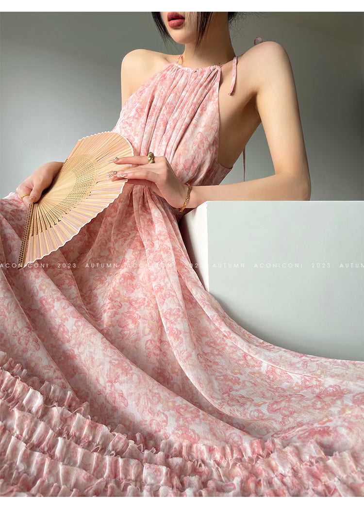 Aconiconi| halter-neck summer broken flowers vacation holiday style fairy dress - cherry blossom