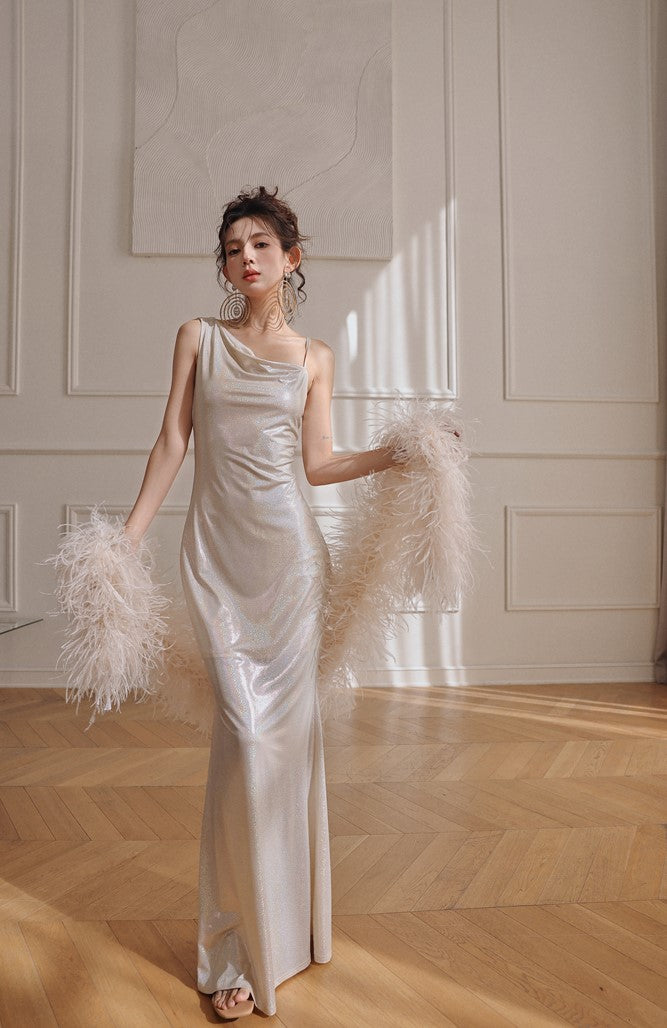 DOLLY Luxury Sliver Sleeveless Glitter Slim Fit Long Banquet Dress-SWATTIE