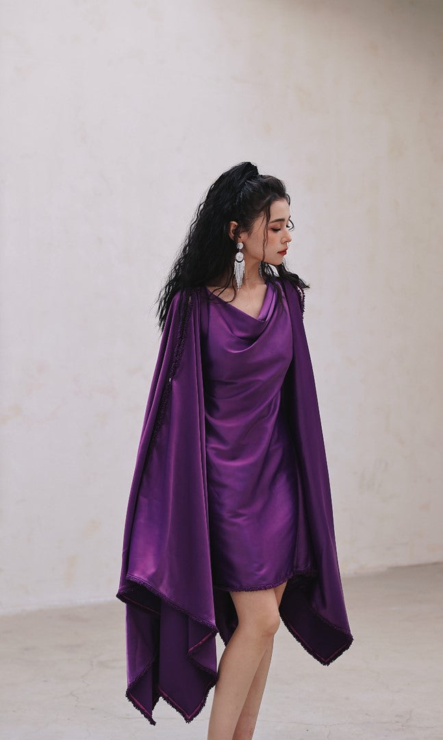 DOLLY Elegant Deep Purple Off Shoulder Swing Collar Short Party Dress-PREETI