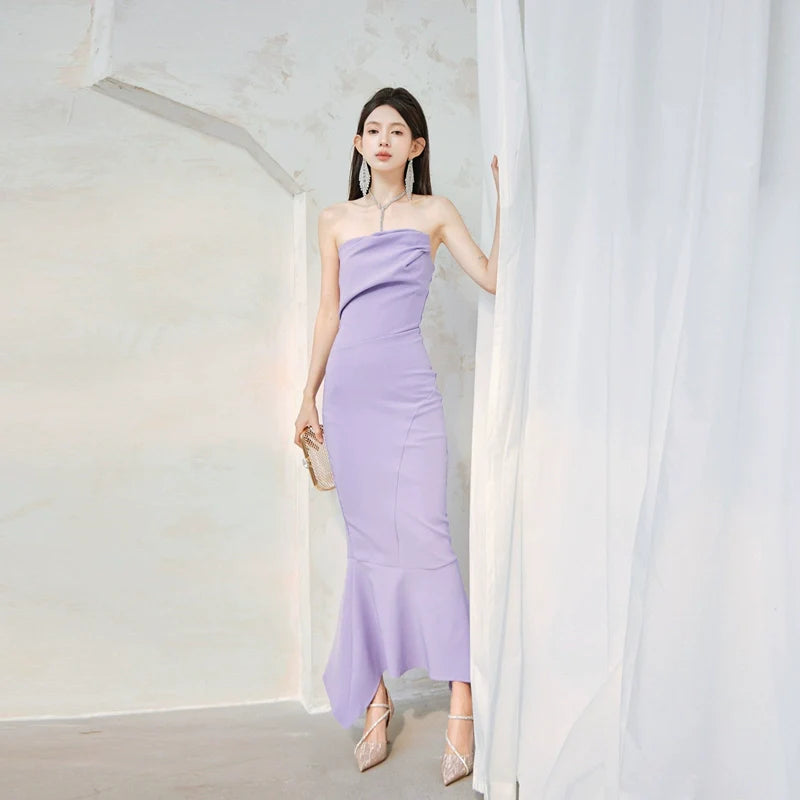 DOLLY Luxury Light Purple body con Taro Tube Top Fishtail Dress-ALERO