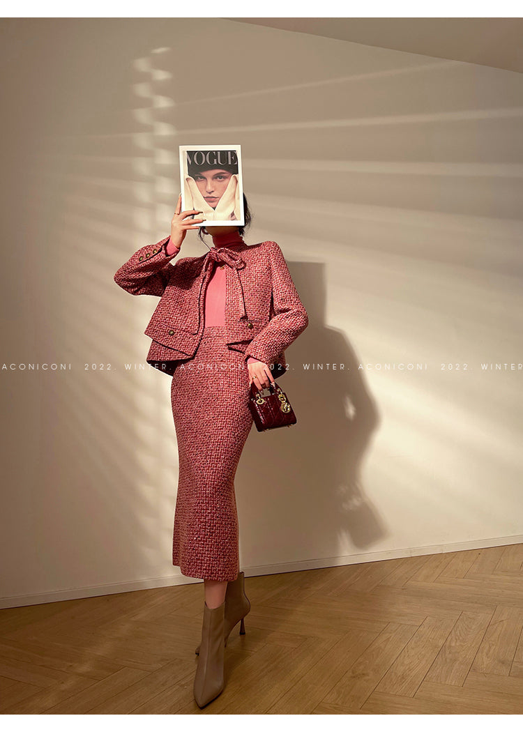 Aconiconi| bright autumn and winter elegant design jacket Skirt - Rose tea