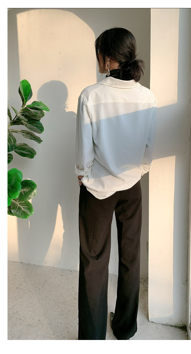 White V-neck v neck shirt long-sleeved shirt -Mmia