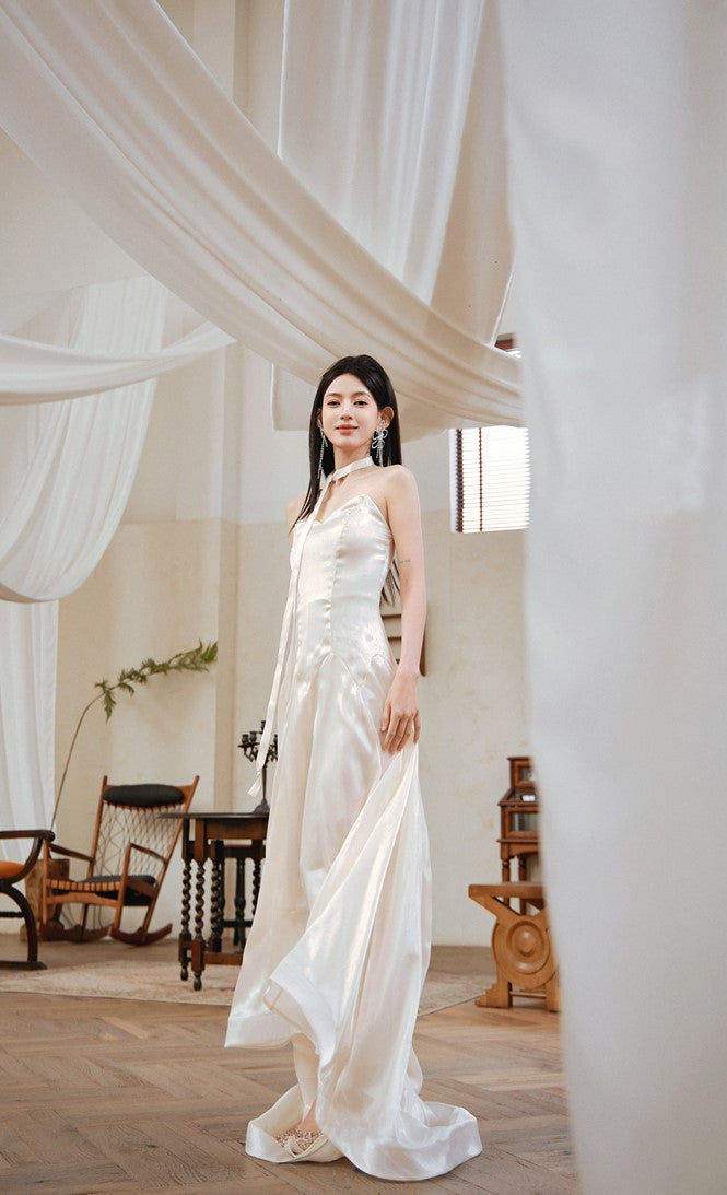 DOLLY High End Cream Sleeveless satin slip flow Wedding Dress-SONNI