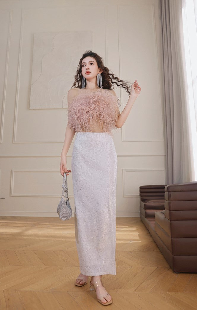 DOLLY Elegant Pink Fluffy Ostrich Feather Chic Tube Top-EMMA