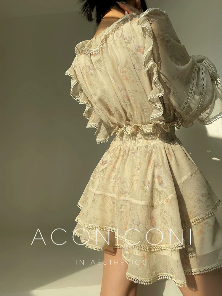 Aconiconi Elegant V-Neck Palace Sleeve Short layered  Dress-Lanshan Qimeng
