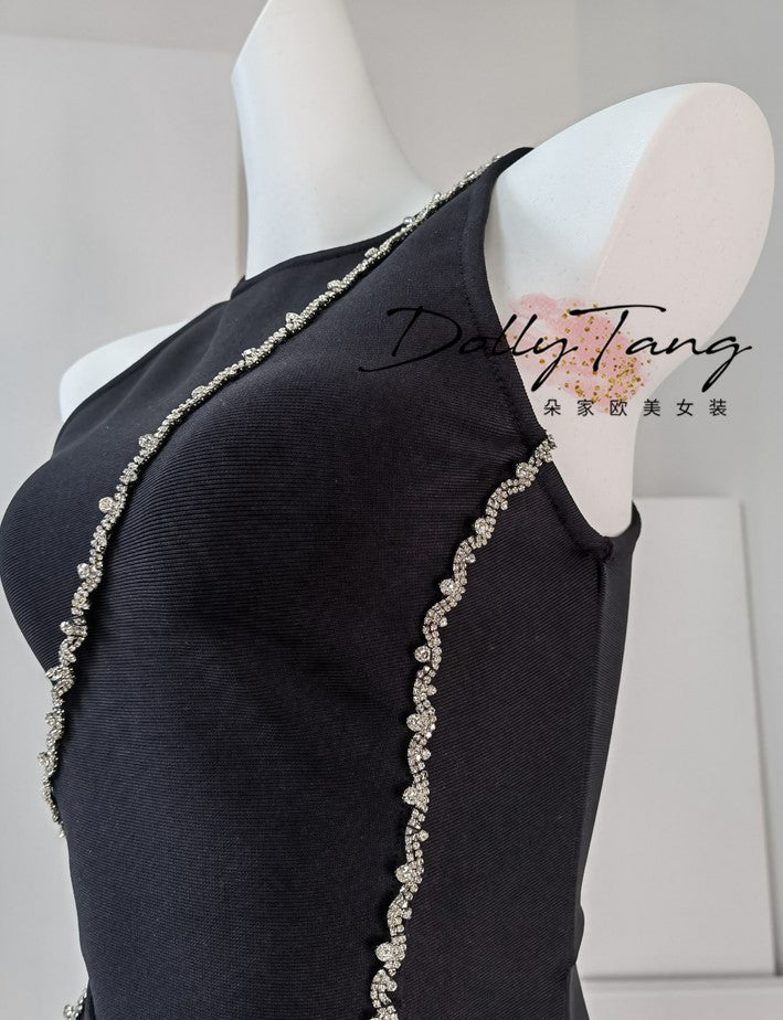 DOLLY Elegant Black Rhinestone Sleeveless Slim Fit Long Slit Dinner Dress-ALORA (V)