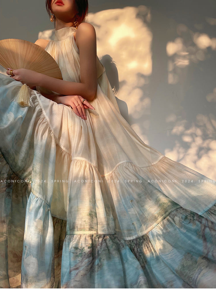 Aconiconi| Louvre Picture Reflection printed halter neck maxi skirt vacation dress - Miinia