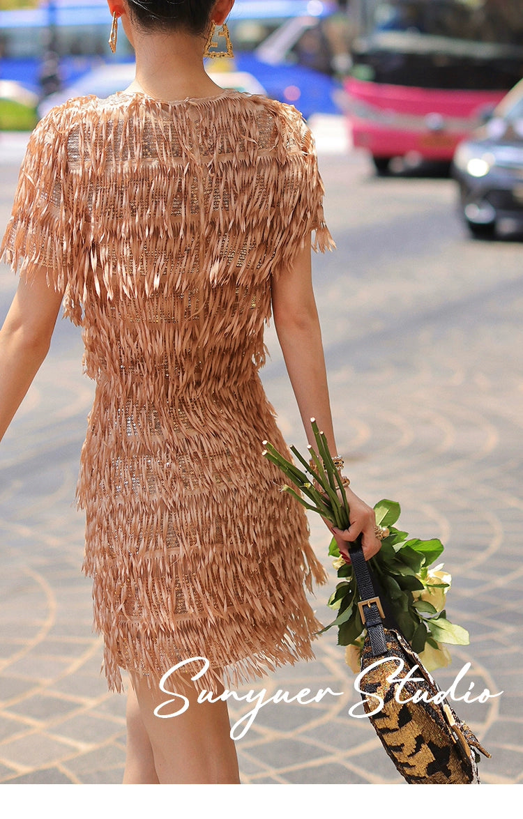 Quality Haute couture hand-cut tassel beaded pieces embroidered cocktail dress