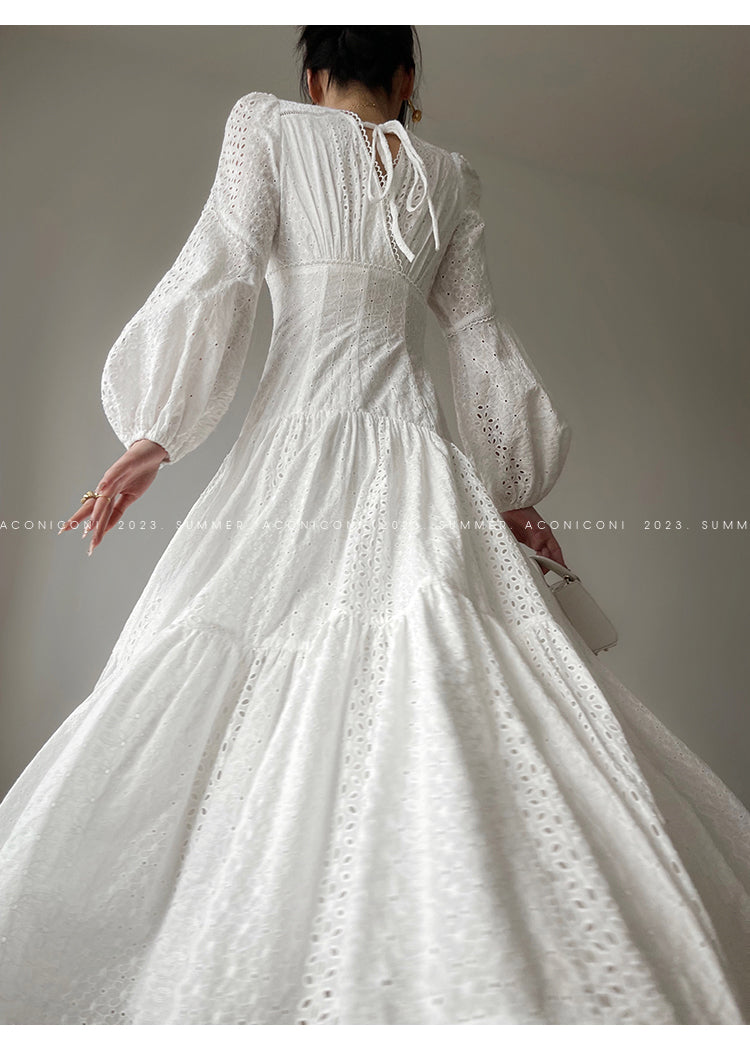 Aconiconi| French coffee break lace cotton white dress - Smoke