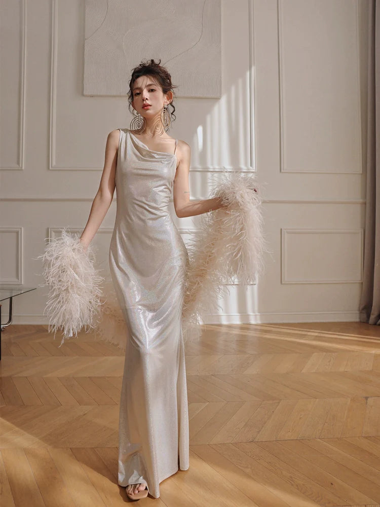 DOLLY Luxury Sliver Sleeveless Glitter Slim Fit Long Banquet Dress-SWATTIE