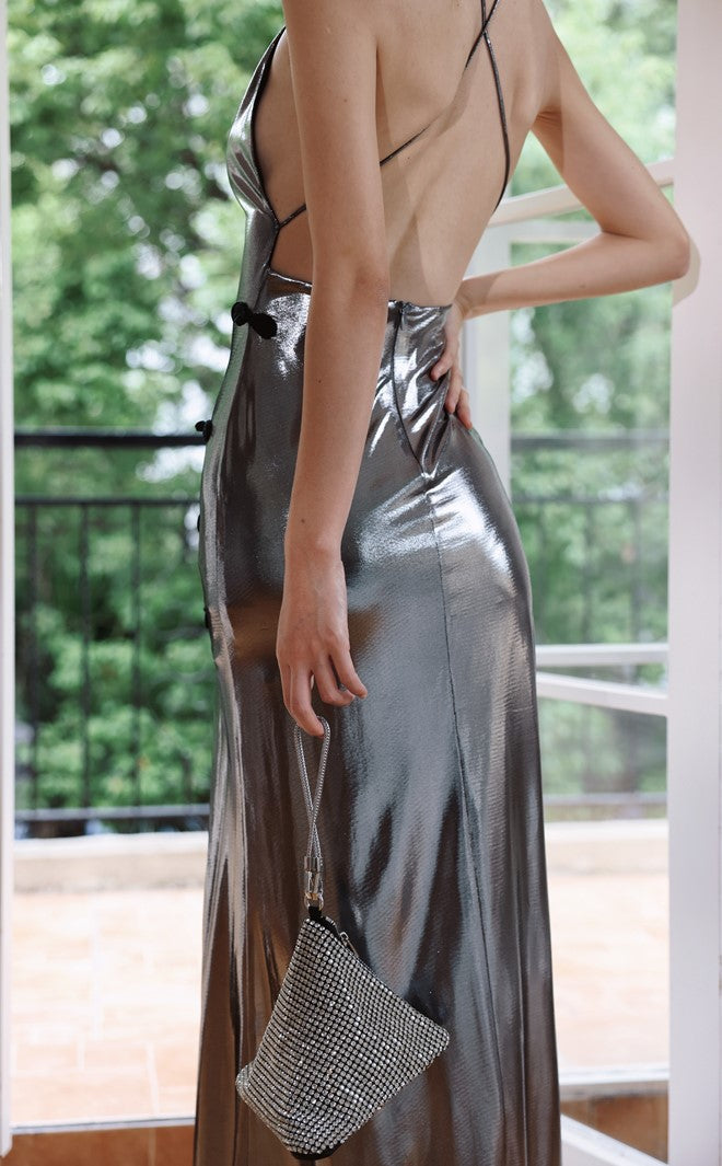 DOLLY Elegant Liquid Sliver Chinese Style Halter Neck Body Hug Long Cocktail Dress-MARBLE (V)